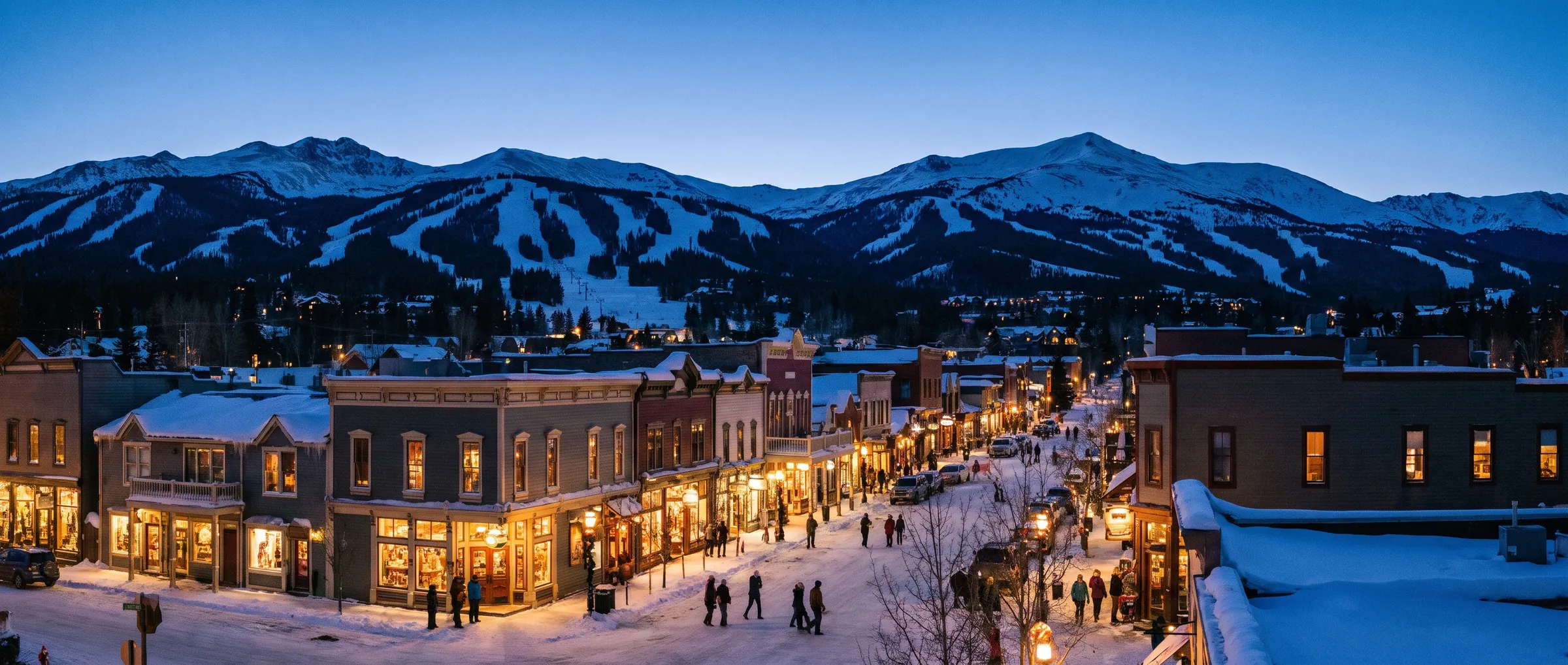 Main Street in Breckenridge at dusk with the ski runs and peaks behind