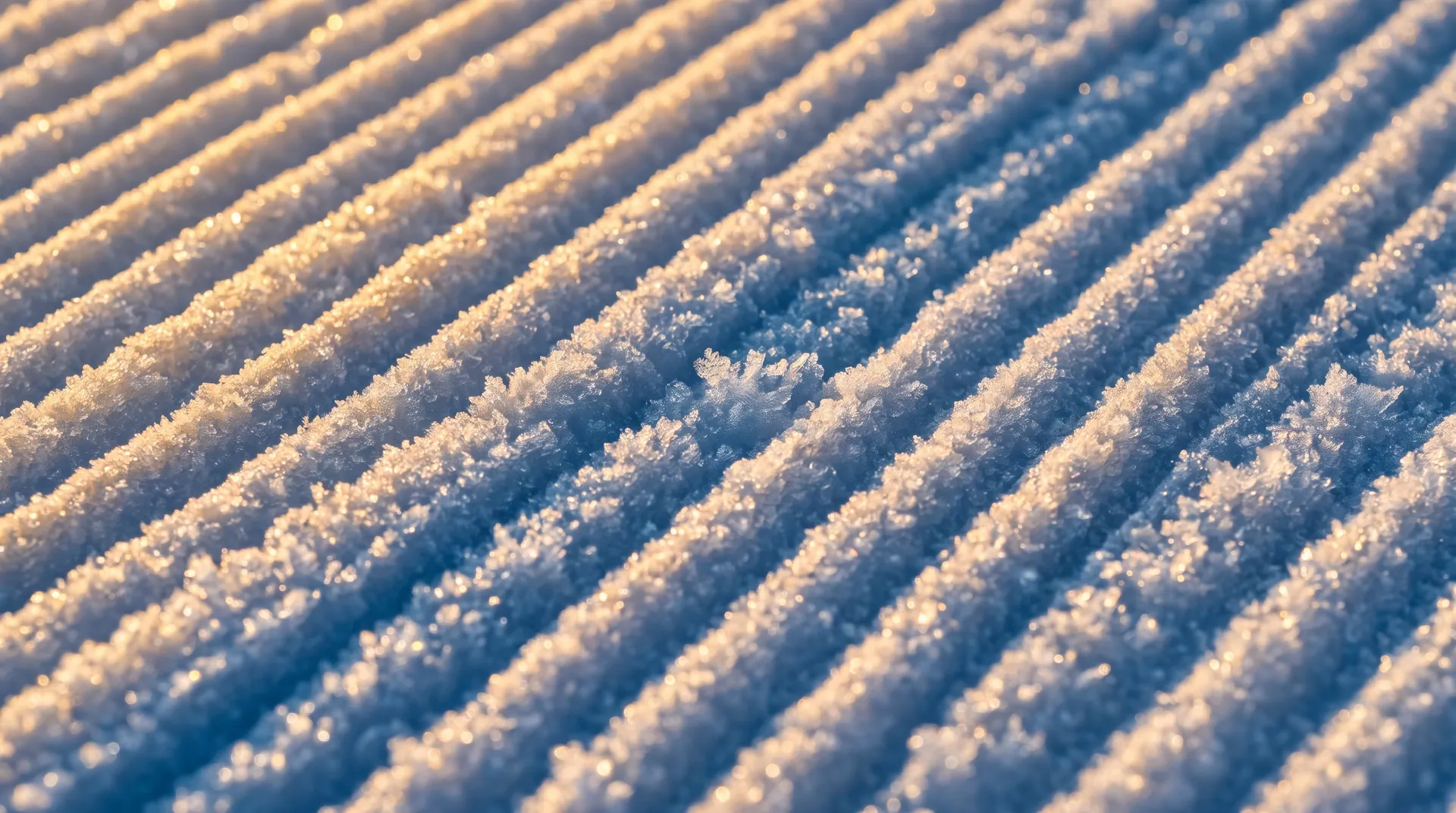 Close-up of freshly groomed corduroy snow in early morning light