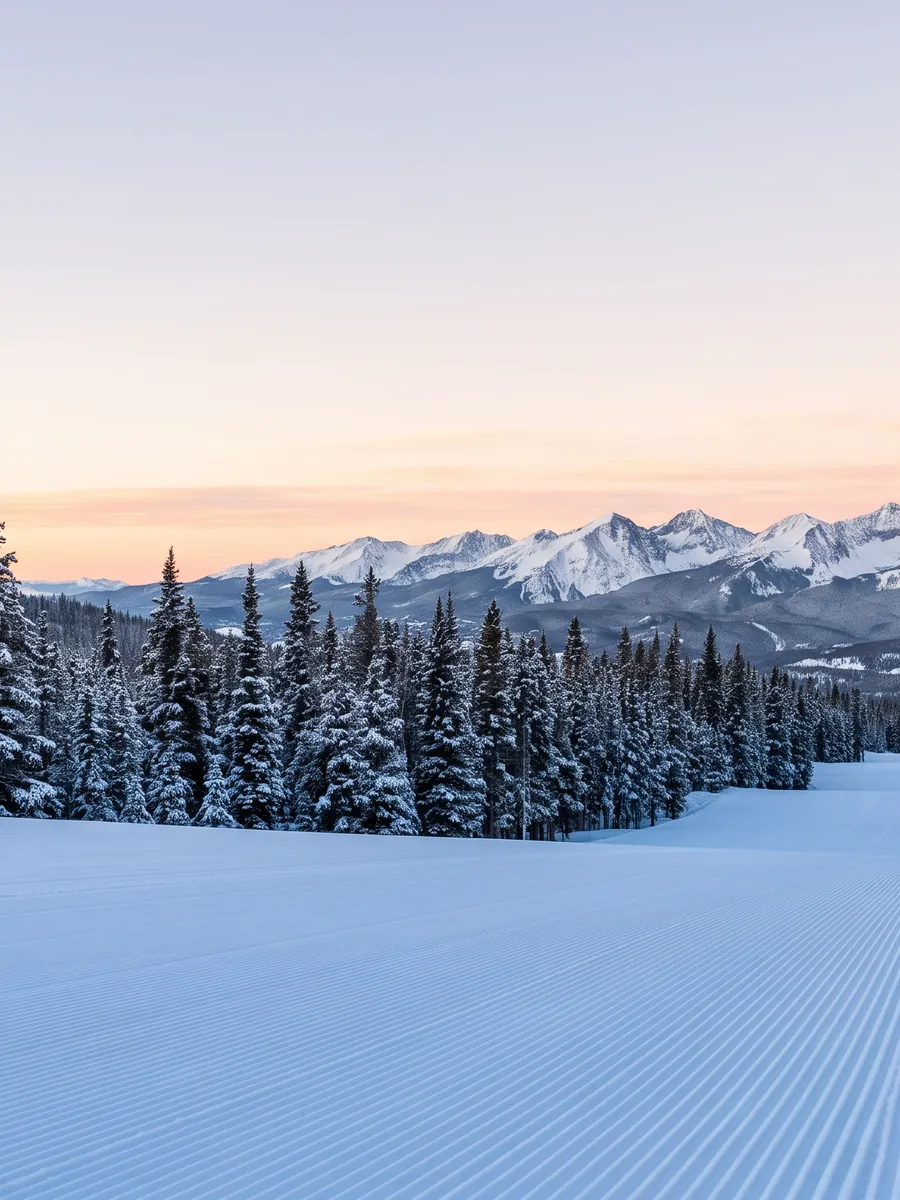 A freshly groomed run with corduroy lines at first light