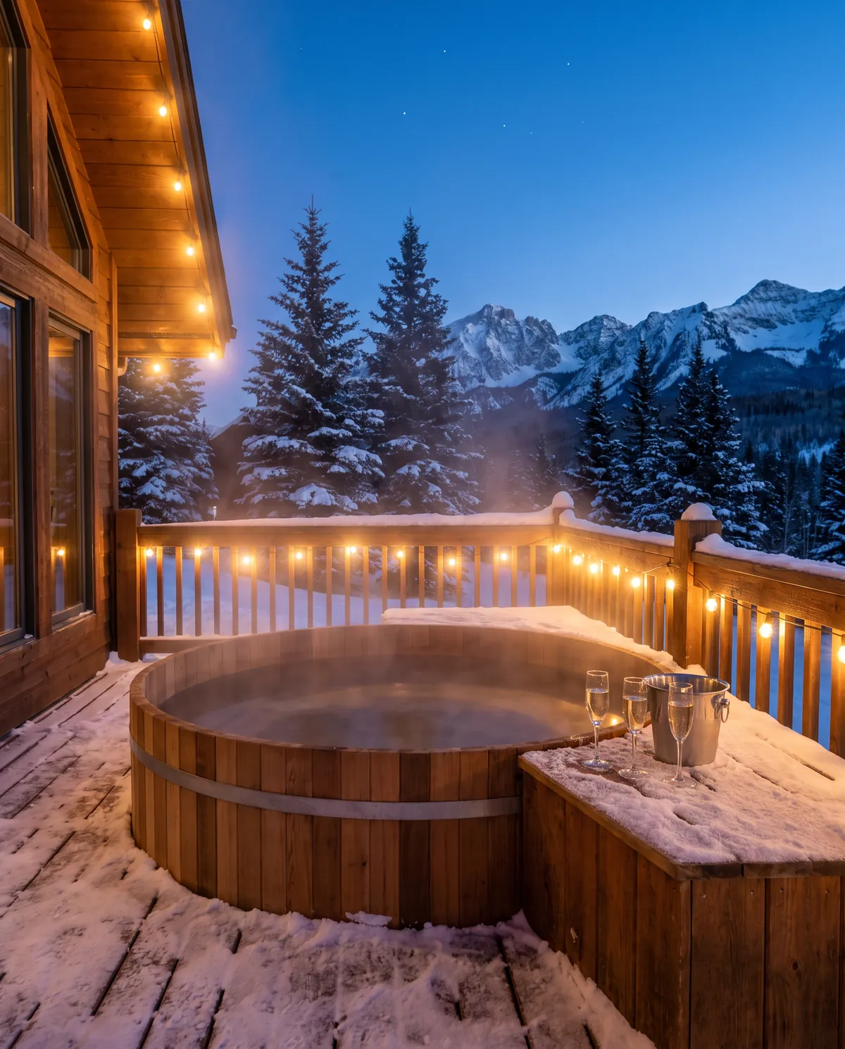 A steaming hot tub on a snowy deck at dusk, with string lights and mountains behind