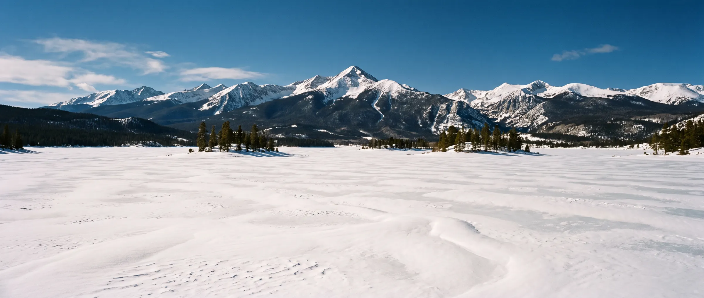 Peak One and the Tenmile Range seen across frozen Lake Dillon in Summit County, Colorado