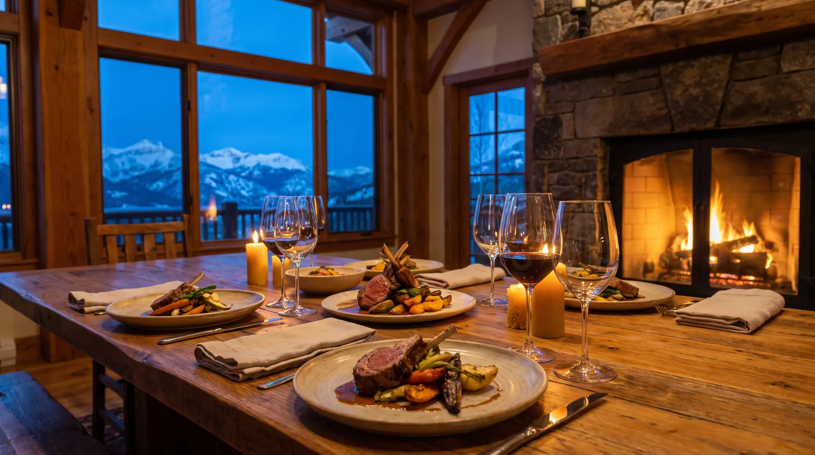 A dinner table set with plated meals and candles in a mountain home, snowy peaks outside the window