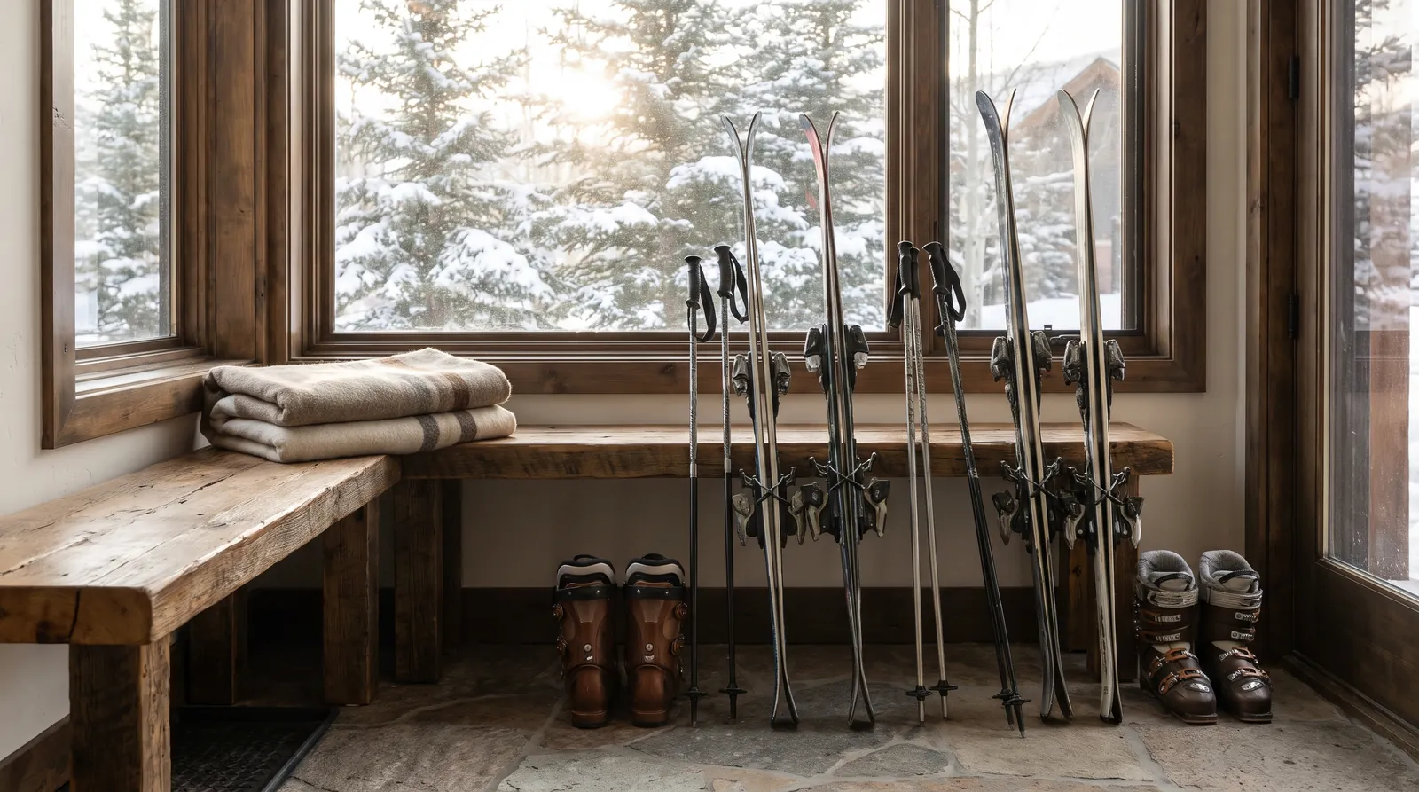 Skis, poles and ski boots lined up by a window in a mountain vacation home